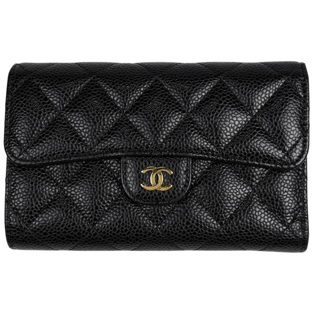 Chanel CHANEL Tri-fold Wallet Coco Mark Caviar Leather Black Women's